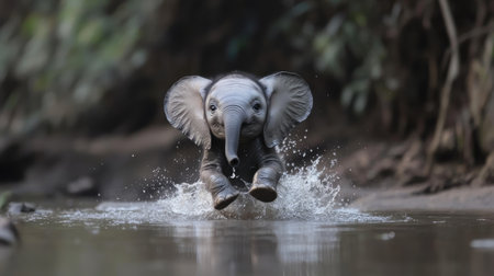A delightful baby elephant joyfully splashes through a river, showcasing playfulness and innocence. The serene natural setting enhances the beauty of wildlife.の素材