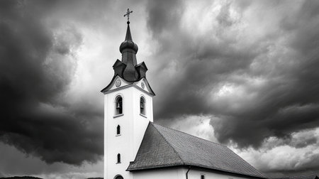 A striking white church with a cross stands against a backdrop of dark, dramatic clouds. This serene scene captures the essence of rural spirituality and architectural beauty.の素材