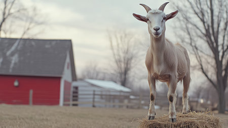 A charming goat stands playfully on hay bales in a picturesque farmyard. This serene scene captures the essence of rural life, emphasizing the beauty of farm animals in their natural habitat.の素材
