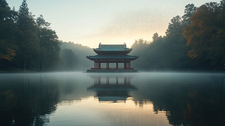 A serene pagoda stands in the early morning mist by a tranquil lake. The peaceful reflection on the water enhances the calm atmosphere, creating a perfect moment for relaxation and reflection.の素材