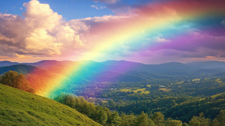 A stunning rainbow arcs over a vibrant green valley nestled between rolling mountains. The clouds reflect various colors, creating a serene and picturesque landscape.の素材
