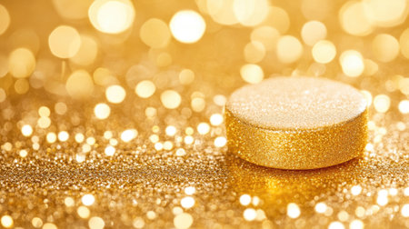 A closeup image of a golden disk placed on a shimmering background filled with bokeh lights. Ideal for themes of luxury and celebration.の素材