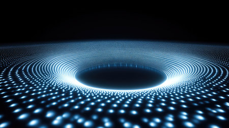 An abstract illustration featuring luminous light patterns forming circular designs against a dark background, creating a futuristic and artistic atmosphere.の素材