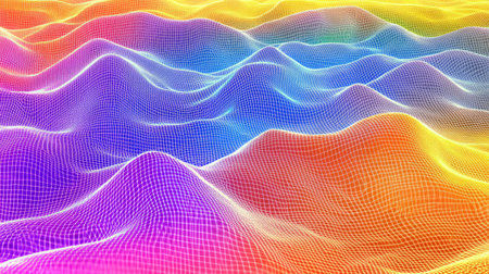 This vibrant abstract image features colorful waves rendered with a mesh grid pattern, creating a smooth gradient effect. Perfect for digital design projects.の素材