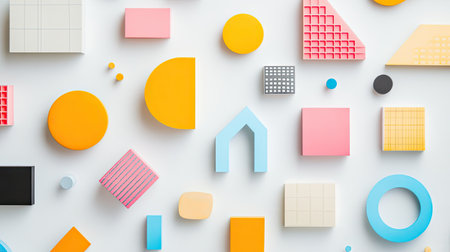 Vibrant arrangement of colorful geometric shapes in various styles creates an engaging visual experience. Ideal for design, art, and creative projects.の素材
