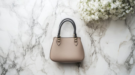A stylish tote bag placed on a marble surface, accompanied by delicate white flowers. Perfect for showcasing elegance, femininity, and contemporary design.の素材