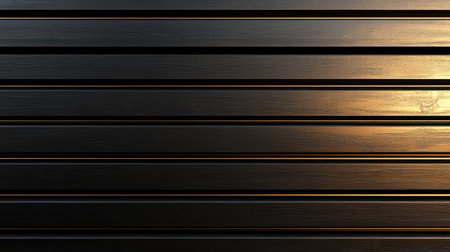 A close-up view of a dark wooden plank wall showcasing a textured surface illuminated by warm light, featuring smooth lines and natural grain patterns.の素材
