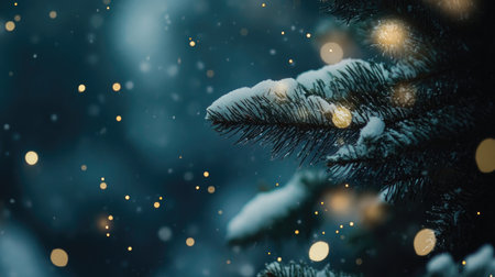 A close-up view of a snowy pine tree branch adorned with soft bokeh lights, creating a serene winter atmosphere perfect for holiday themes.の素材