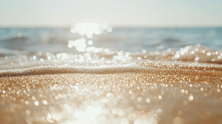 A serene image capturing sunlit beach sand with gentle waves lapping at the shore during sunrise, showcasing tranquil reflections and sparkling water.の素材
