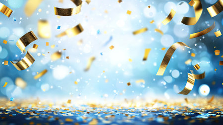 A vibrant background featuring shimmering gold confetti falling effortlessly, creating a joyful atmosphere, perfect for celebratory events or festive occasions.の素材