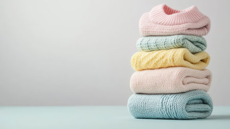 A visually pleasing arrangement of soft pastel sweaters stacked on a light background, showcasing warmth and comfort in a cozy home setting.の素材