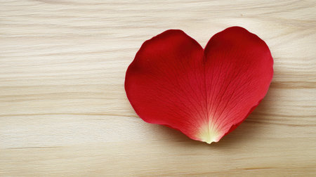 A vibrant red rose petal shaped like a heart rests on a smooth wooden surface, symbolizing love and beauty. Perfect for romantic themes and nature-inspired designs.の素材