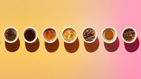 A vibrant arrangement of various coffee types and roasted beans displays the art of coffee brewing, showcasing colors and textures that elevate the sensory experience.の素材