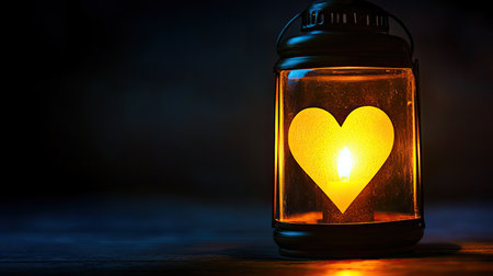 A warm lantern featuring a heart cutout illuminates a dark setting, creating a romantic and cozy atmosphere perfect for any occasion.の素材