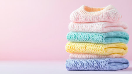 A beautiful arrangement of hand-knitted sweaters in pastel colors stacked neatly against a soft background. Perfect for fashion and home decor themes.の素材