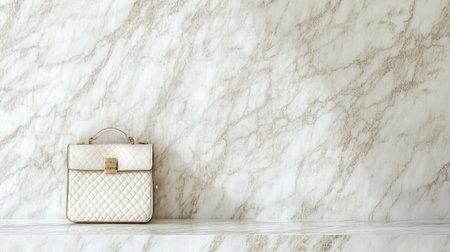 A stylish white handbag rests against a sleek marble backdrop, showcasing luxury and elegance. This image captures the essence of modern design and refined aesthetics.の素材