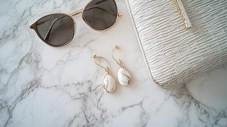 Discover an elegant flat lay featuring stylish sunglasses, chic earrings, and a white handbag on a marble surface, perfect for fashion enthusiasts.の素材