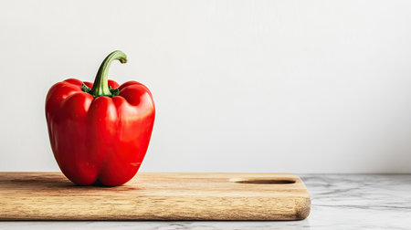 A vibrant red bell pepper sits on a wooden cutting board, showcasing its glossy texture and healthy appeal, perfect for culinary creations and healthy meals.の素材
