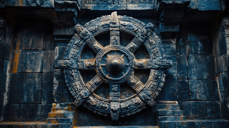 Detailed view of an ancient stone wheel carving on a temple wall, showcasing intricate designs and historical significance, embodying rich cultural heritage and artistry.の素材
