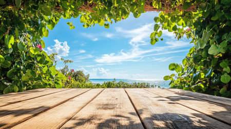 Explore a tranquil coastal view framed by lush greenery and a wooden deck, showcasing the beauty of nature and ocean waves. Perfect for relaxation imagery.の素材