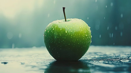 A stunning fresh green apple covered in water droplets, set against a rainy background. This close-up captures the vibrant colors and natural beauty, ideal for healthy living themes.の素材