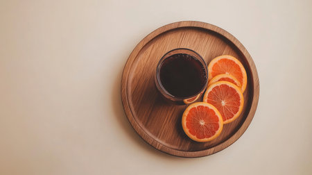 A beautiful arrangement featuring fresh orange slices and a glass of juice on a wooden plate. This vibrant setup showcases healthy and refreshing food choices.の素材