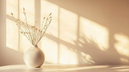 A serene composition featuring a minimalist vase with dried flowers bathed in soft natural light, creating an elegant atmosphere and tranquil mood.の素材