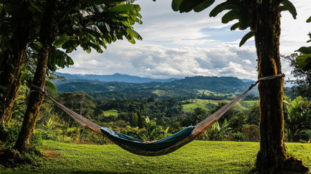 Relax in a hammock nestled between trees, offering a stunning view of lush greenery and serene mountains, perfect for a peaceful escape in nature.の素材