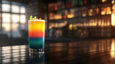 A vibrant layered drink sits elegantly on a bar counter, topped with gummy candy. The colorful hues create an inviting atmosphere, perfect for celebrations.の素材