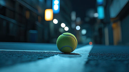 A vibrant tennis ball rests on an empty street at night, illuminated by soft city lights. The scene captures a moment of stillness in an urban environment.の素材