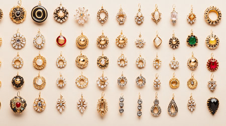 A stunning assortment of vintage gold earrings showcases intricate designs and sparkling gemstones. Perfect for fashion lovers and jewelry enthusiasts.の素材