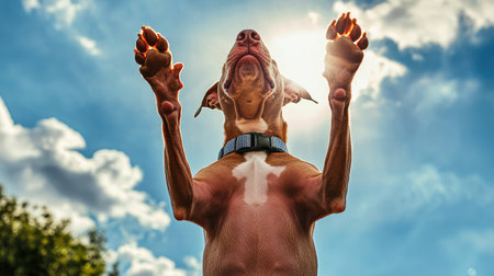 A playful dog joyfully raises its paws against a bright sunlit sky, capturing the essence of freedom and happiness, perfect for pet lovers and outdoor enthusiasts.の素材