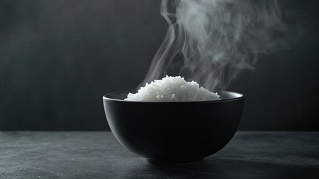 A captivating image of a steaming bowl of freshly cooked white rice, showcasing the delicate steam rising against a dark backdrop, ideal for food-related themes.の素材