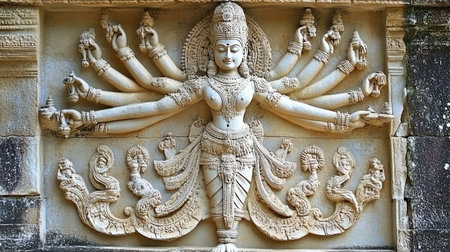 This stunning stone sculpture depicts a goddess with multiple arms, showcasing intricate details and fine craftsmanship, reflecting ancient cultural heritage and spirituality.の素材