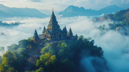 An aerial view of a majestic temple perched on a hill, shrouded in mist and surrounded by lush forests and towering mountains. A perfect travel destination.の素材