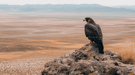 A stunning hawk perched on a rocky outcrop surveys the expansive desert below, showcasing the beauty of wildlife in a tranquil natural setting.の素材