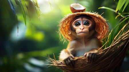 An adorable baby monkey wearing a straw hat relaxes in a tropical jungle environment. Its expressive eyes and playful demeanor capture the beauty of wildlife.の素材
