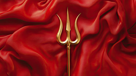 A stunning golden trident rests elegantly on rich red satin fabric, creating a captivating contrast. The smooth texture and deep colors evoke luxury and mythological themes.の素材