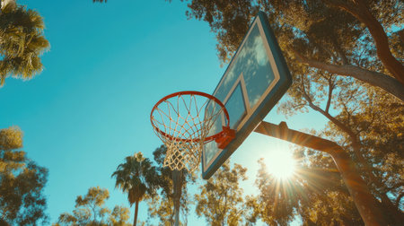 A striking image of a basketball hoop basking in sunlight, framed by lush trees. The vibrant setting captures the essence of outdoor play and summer fun.の素材