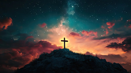 A stunning silhouette of a cross atop a hill, illuminated by a vibrant sky filled with stars and clouds, symbolizing hope and spirituality in nature.の素材