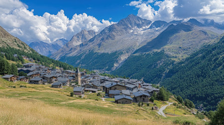 A breathtaking view of a charming mountain village nestled in lush green hills, surrounded by majestic peaks and vibrant skies, perfect for nature lovers.の素材