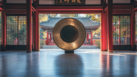 A breathtaking view of a traditional pavilion interior featuring a large gong as the centerpiece, surrounded by serene landscaping and elegant architecture.の素材