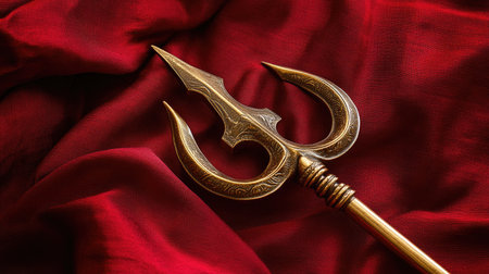 A stunning ornate golden trident lying elegantly on rich red fabric, showcasing intricate details and textures, perfect for themes of mythology and royalty.の素材
