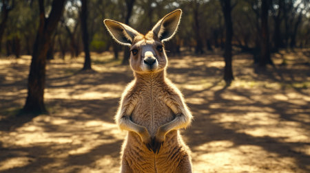 A curious kangaroo stands poised in a sunlit forest clearing, capturing the essence of Australian wildlife. The serene environment showcases natural beauty.の素材