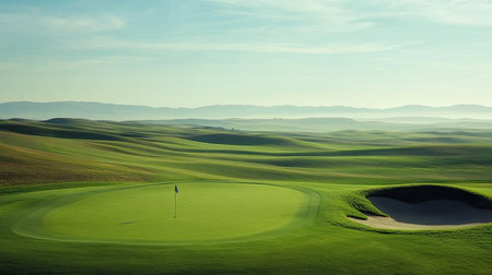 A breathtaking view of a tranquil golf course showcasing rolling hills, a well-maintained green, and a sand trap under a clear blue sky. Perfect for relaxation.の素材