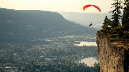 A paraglider gracefully descends over a breathtaking valley, showcasing a stunning view of rivers, forests, and distant mountains. Perfect for adventure lovers!の素材