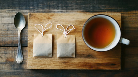 A cozy scene featuring two tea bags beside a steaming cup of hot tea on a rustic wooden table, evoking feelings of warmth and relaxation in a serene setting.の素材