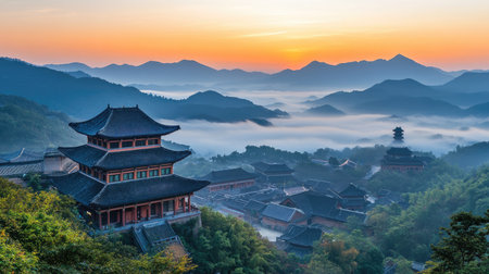 A breathtaking view of traditional architecture set against misty mountains at sunrise. The serene atmosphere captures the beauty of nature and cultural heritage.の素材