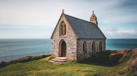 A picturesque stone church stands on a green hill overlooking a calm ocean, with soft waves lapping against the shore, creating a peaceful retreat.の素材