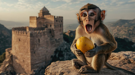 A curious monkey holding a lemon poses against a stunning ancient castle backdrop, capturing a moment of wildlife amidst a breathtaking landscape.の素材